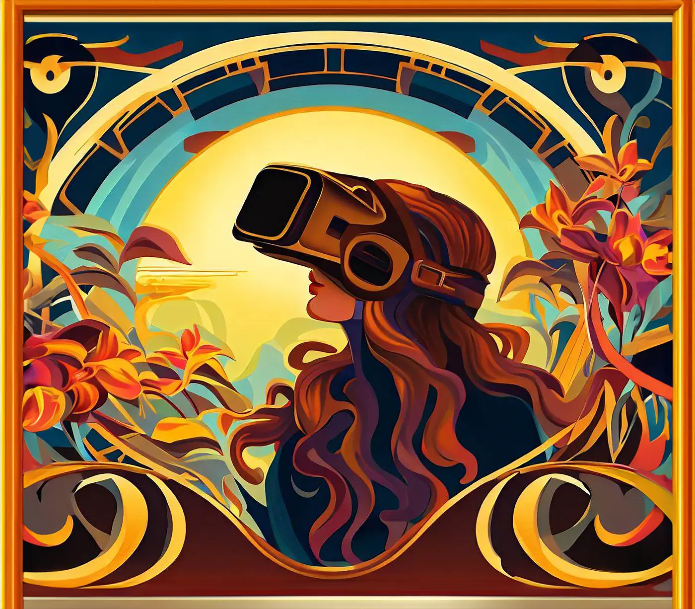 An AI-generated advertisement: augmented-reality glasses in an Art Nouveau manner.