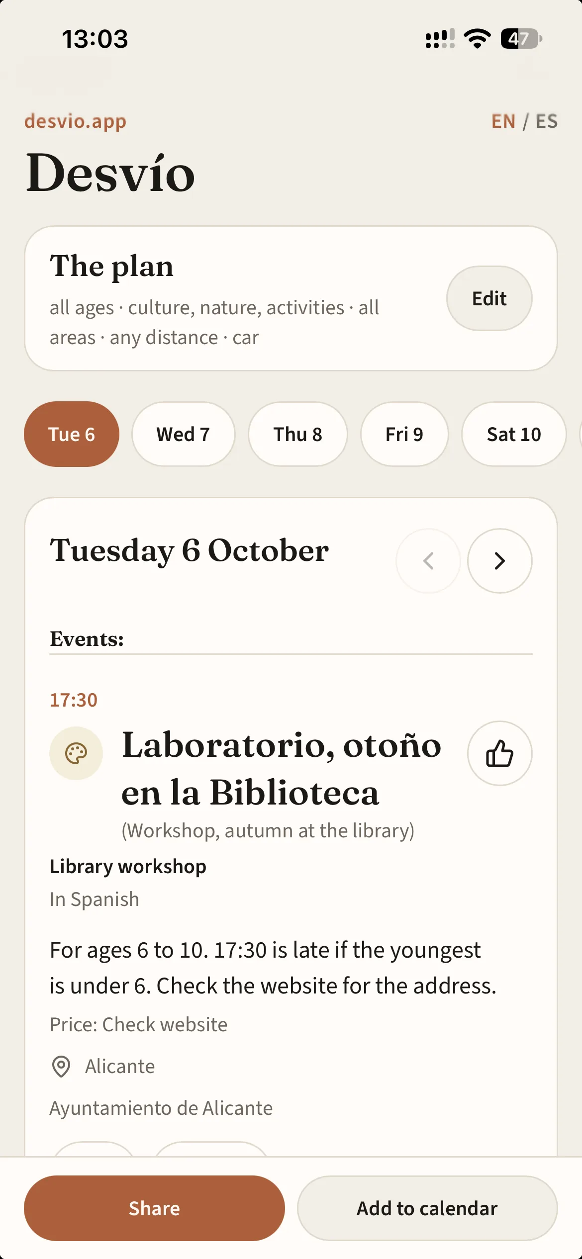 Phone view of Desvío: the Tuesday 6 October plan, a library workshop in Alicante at 17:30.