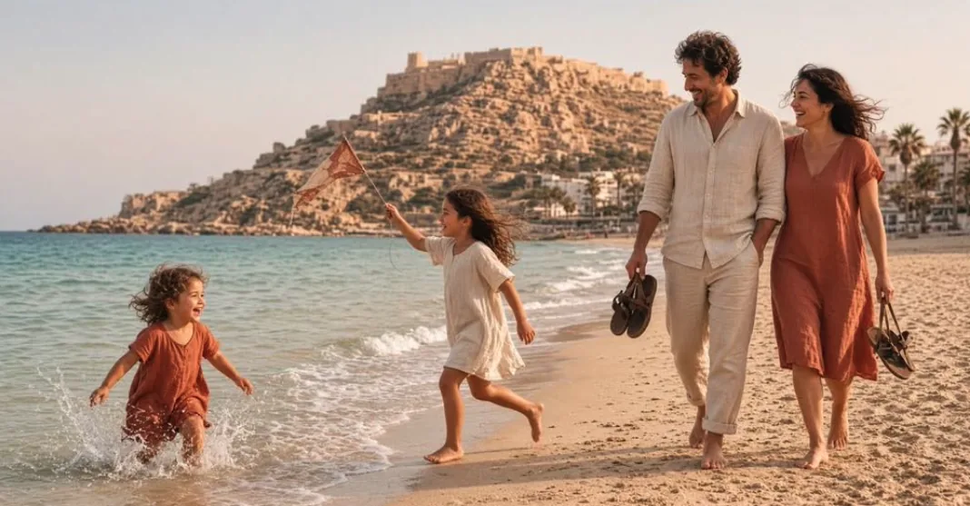 Share image: a family on a sandy beach, a child running in the surf with a kite, a fortified hill behind them. Not a portrait of named people.