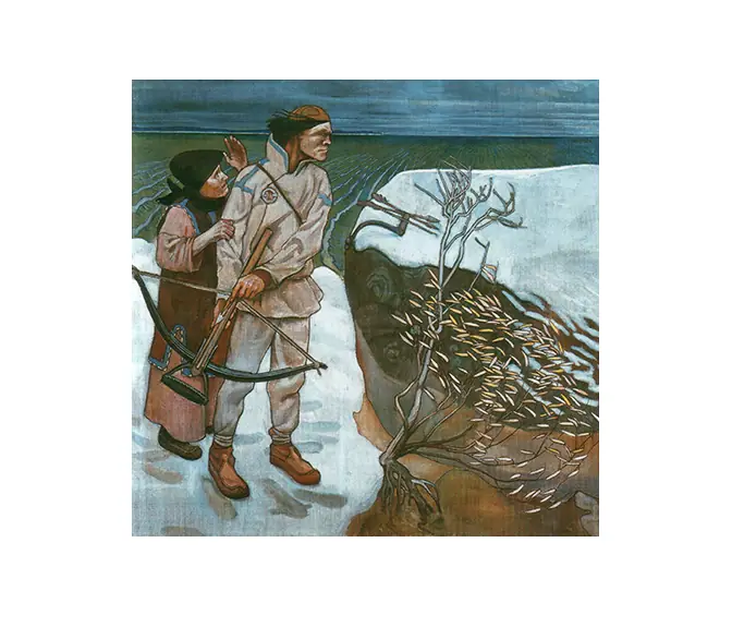 Akseli Gallen-Kallela’s painting, which the article calls Lemminkäinen’s Revenge. The original crop, before an AI continuation.