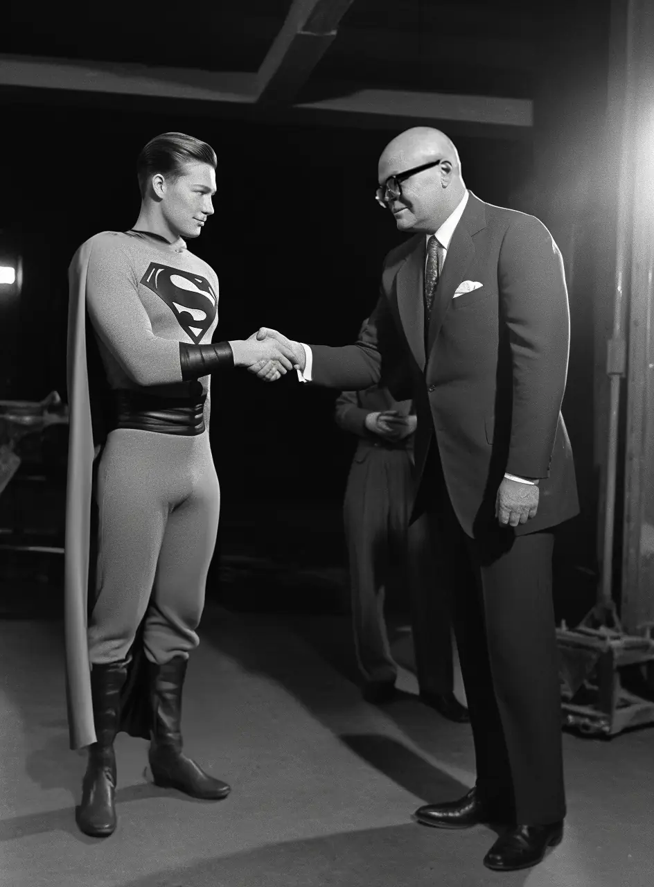 A fictional picture of Urho Kekkonen and Superman in one frame. The meeting never happened.