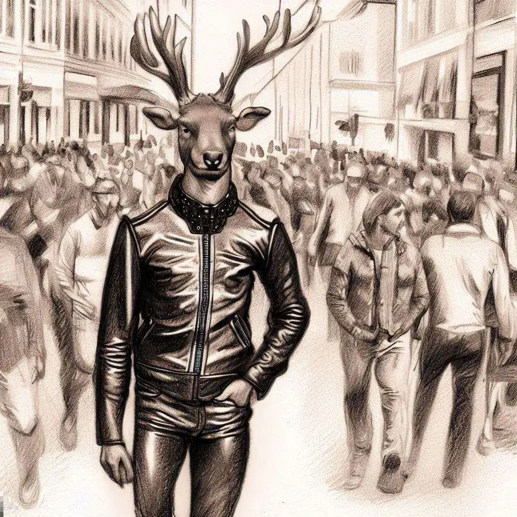 An AI-generated drawing of a reindeer walking along Mannerheimintie in the manner of Tom of Finland.