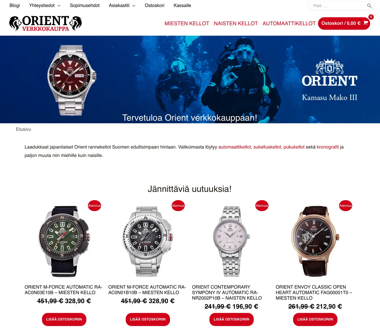 Screenshot of the Orient.fi watch shop.